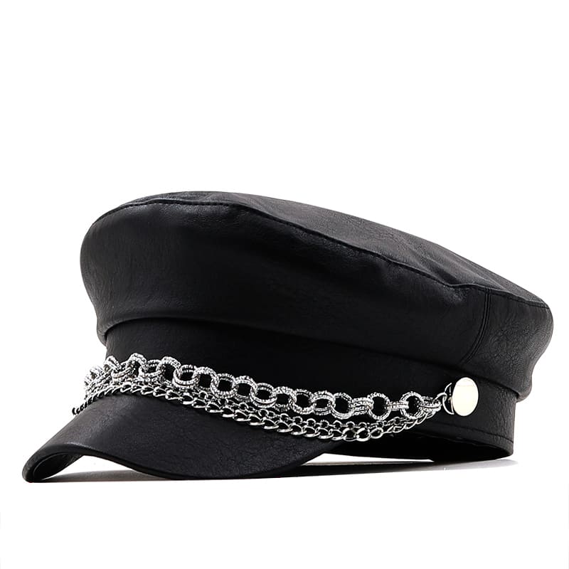 Silver Chain Leather Army Cap