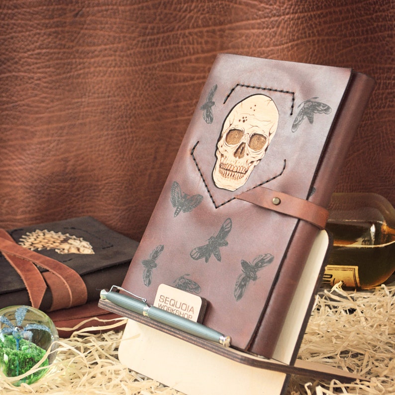 The Skull and hawk-moth notepade, personalized leather refillable journal