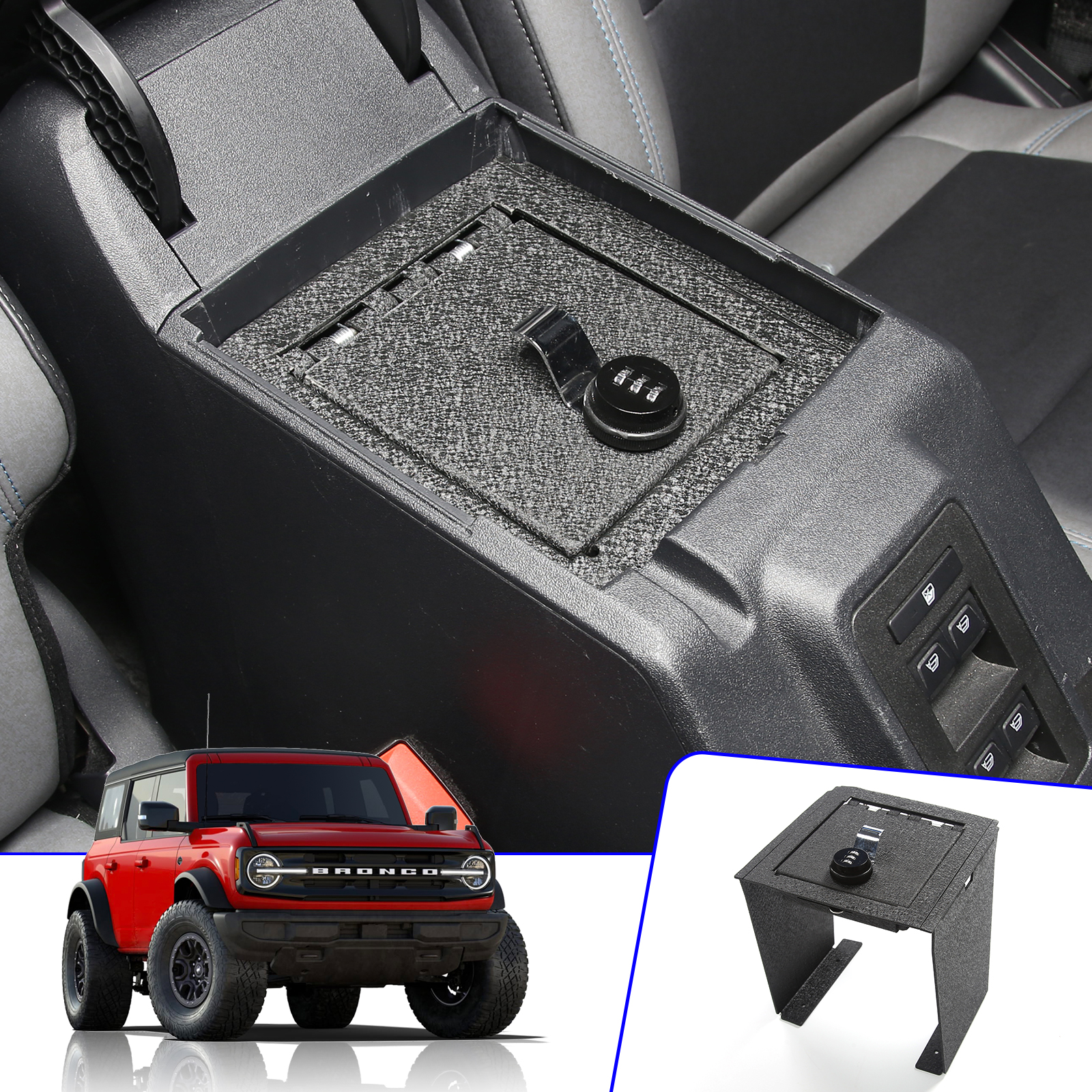 Xipex 2021 2 Ford Bronco 2/4-Door Console Safe Armrest Lockbox with 3 