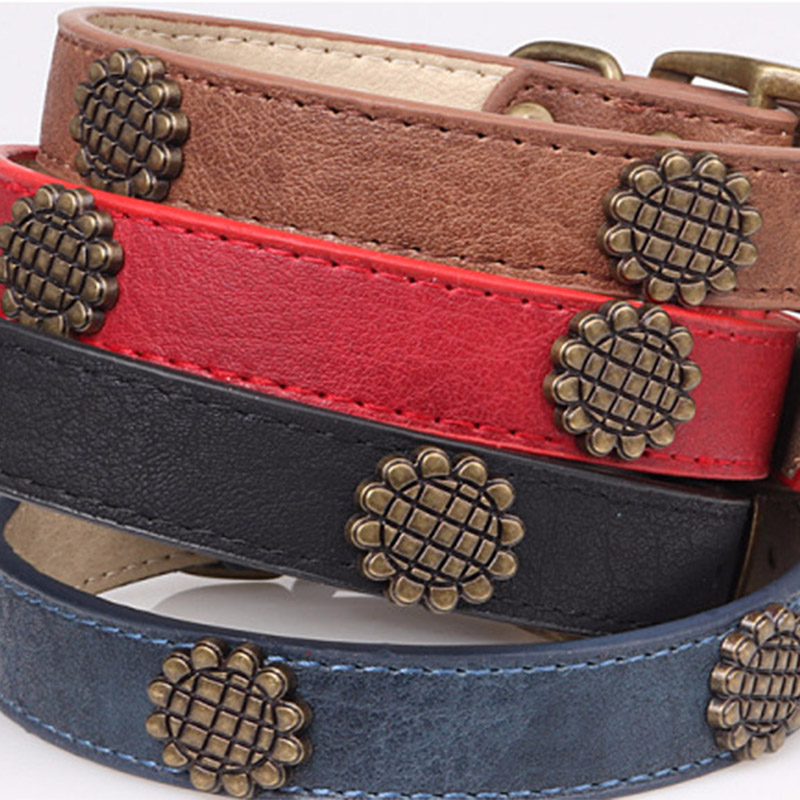 Leather Pet Collars for Medium or Large Dogs Adjustment Range 12 to 18-Inch Black Red Blue Brown Four Color Pet Collars