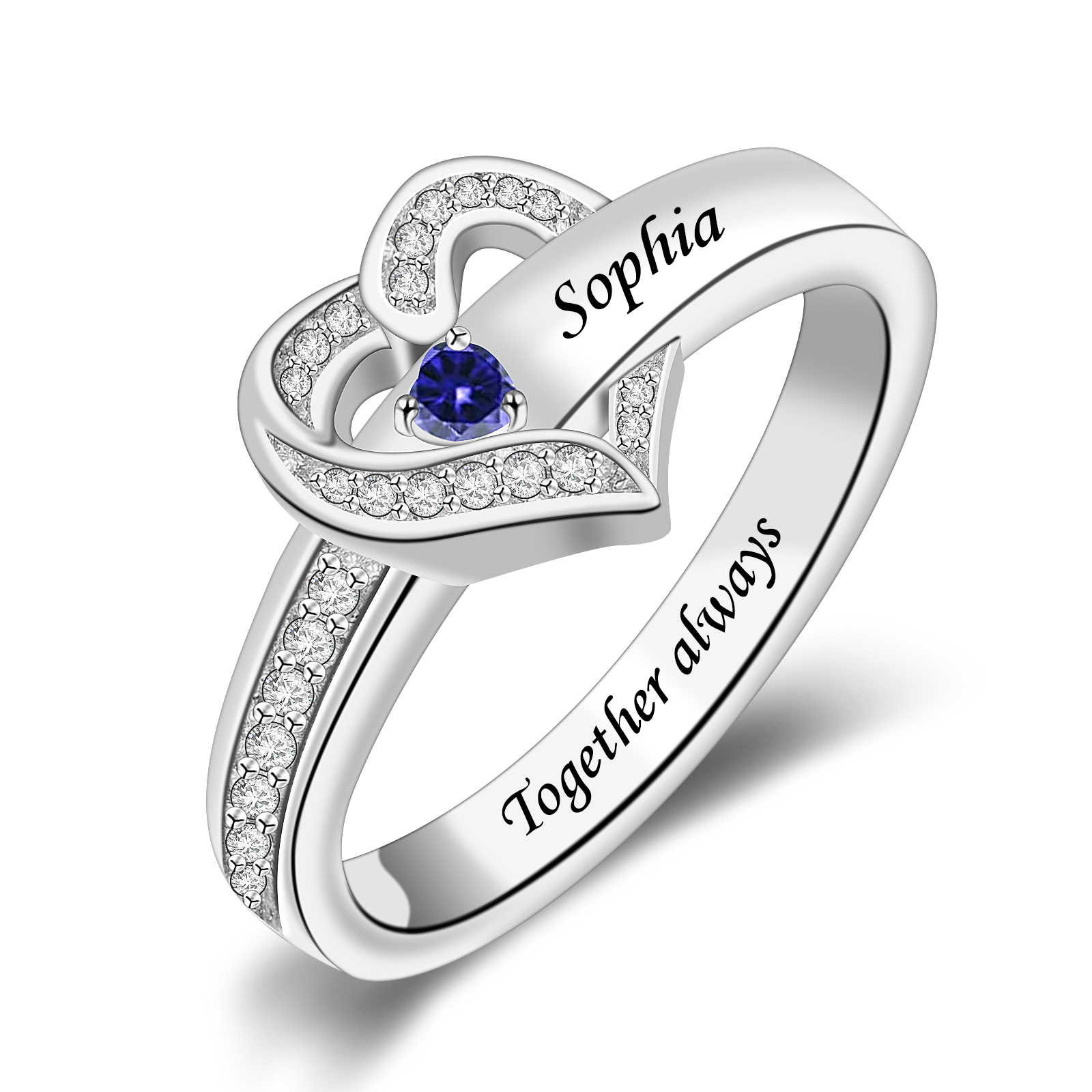R6-1-1 Heart Mother Ring with Engraved Names and Simulated Birthstone