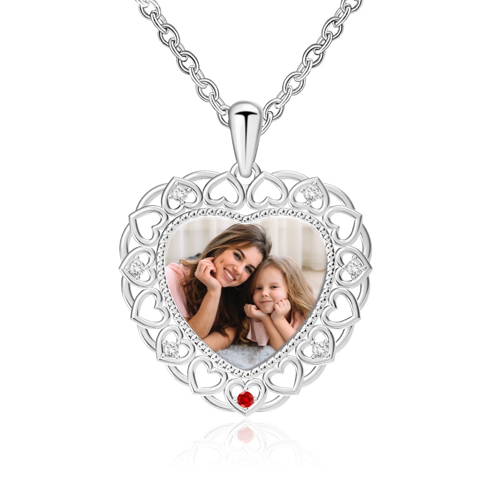 Personalized Heart Photo Necklace with 1-7 birthstones