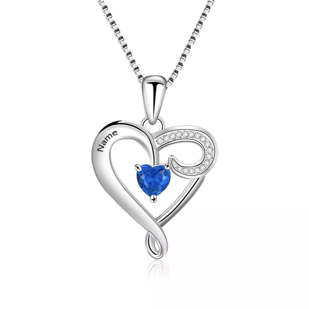 Love Heart Pendant Necklace Birthstone Necklace with Engraving-YITUB