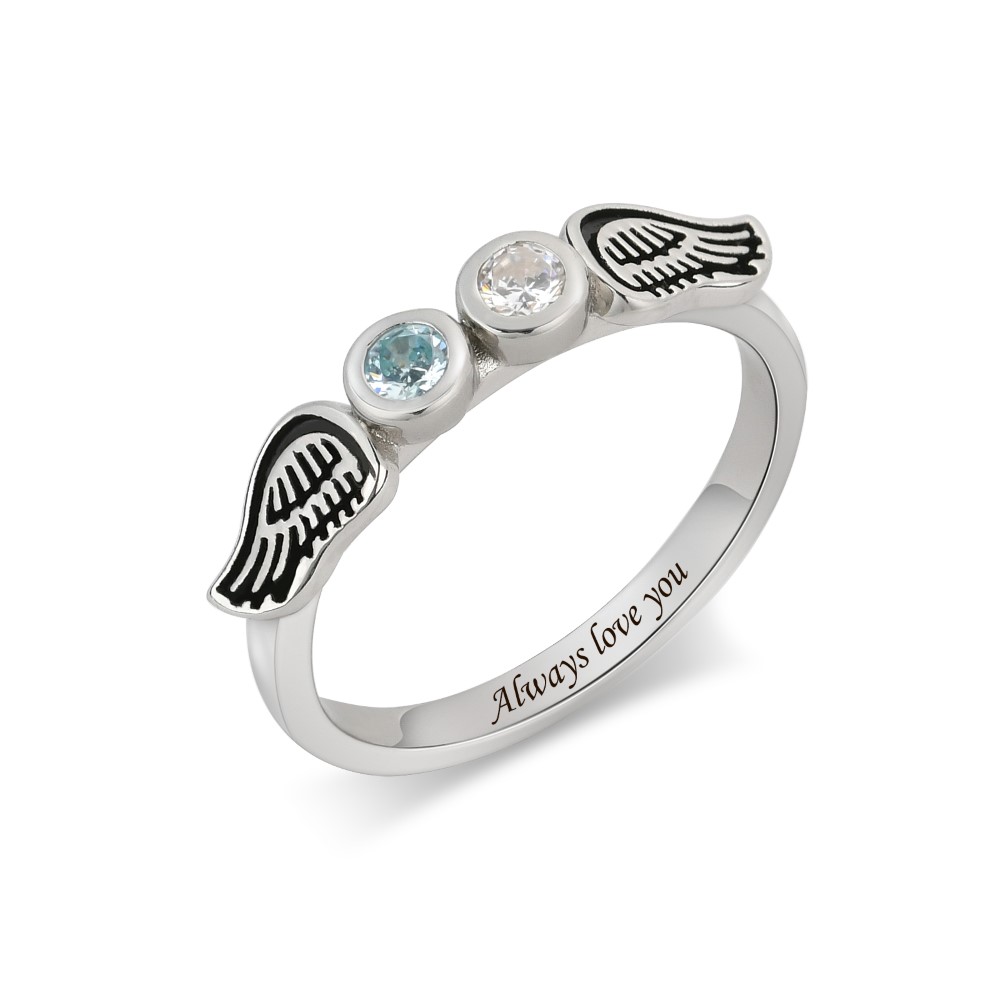 Angel Wings Ring with Double Birthstones-YITUB