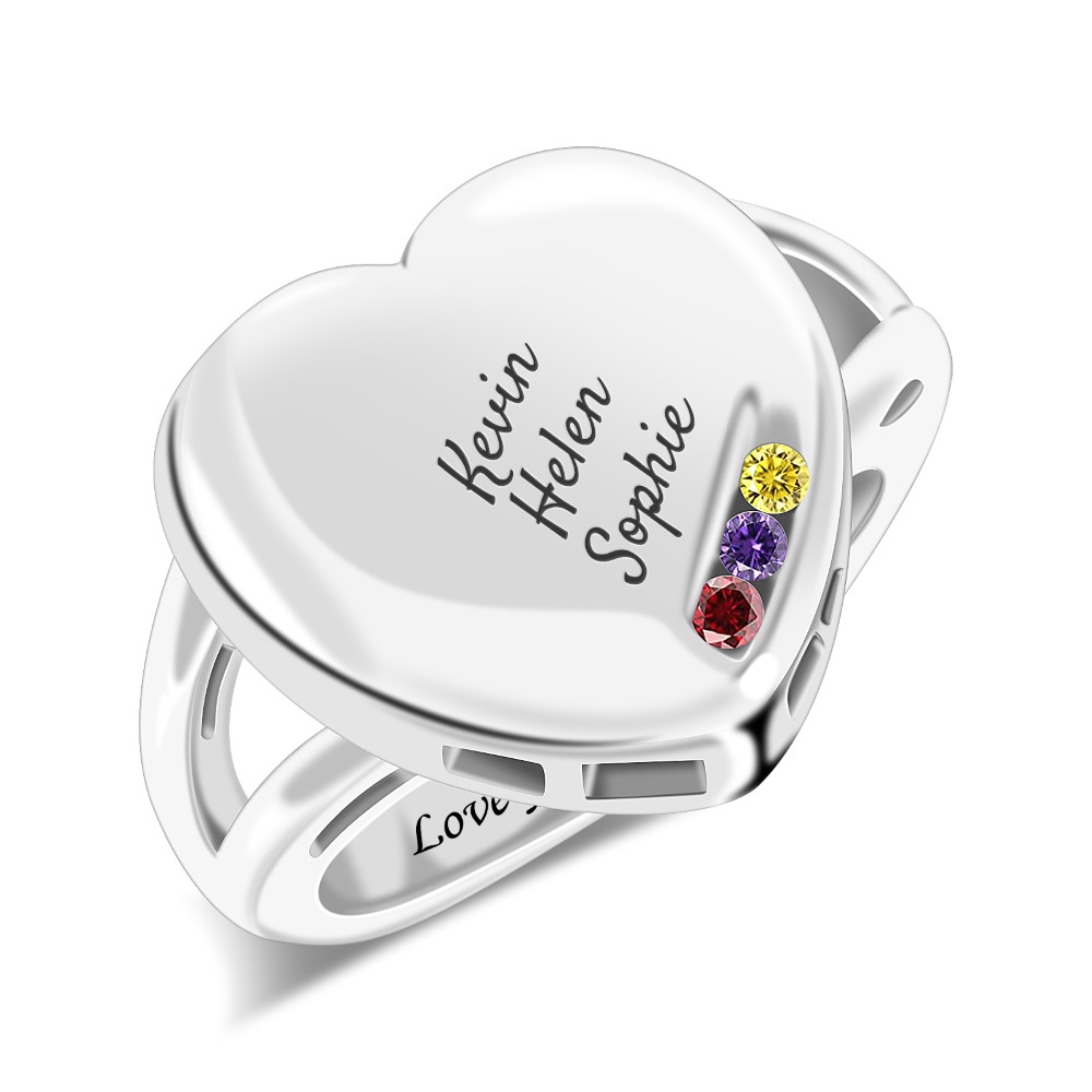 Large Heart Birthstone Ring with Names for Mom