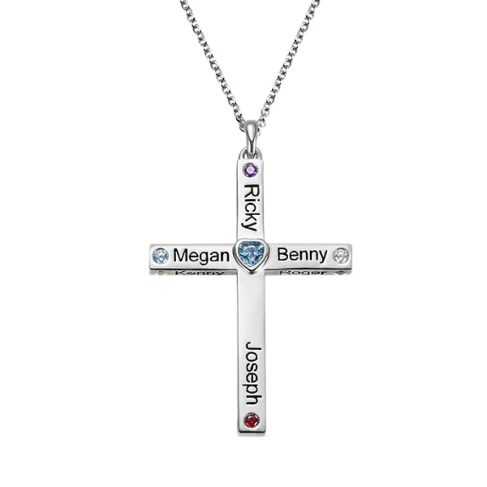 Cross Pendant Necklace with Birthstones Family Necklace with Engraved Names