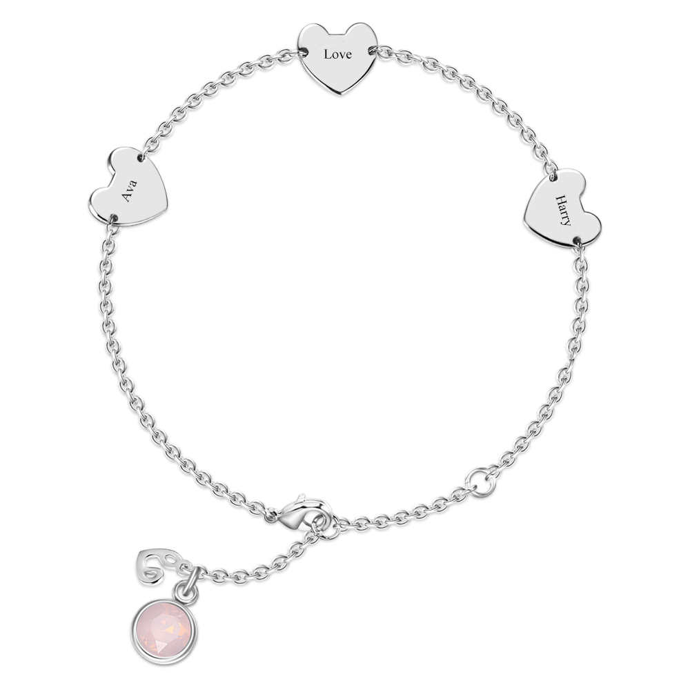 Engraved Three Hearts Bracelet with Custom Birthstone - Length Adjustable Best gift for Mother