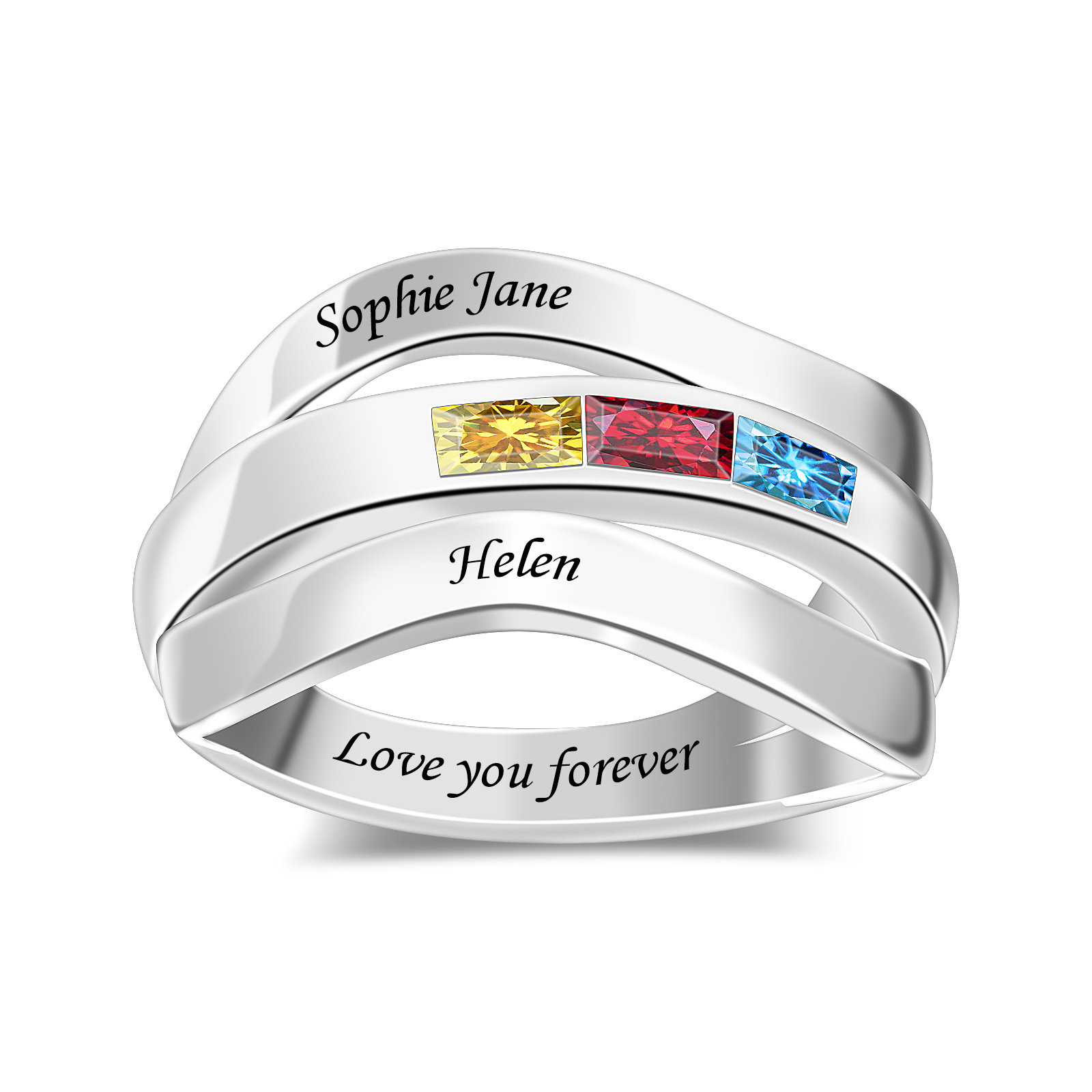Rectangular Birthstone Ring with Free Engraved Names