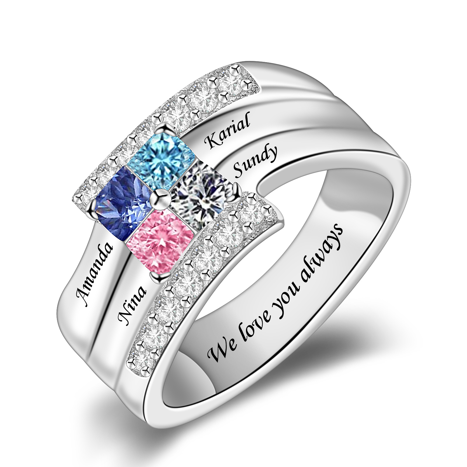 R5-1-4 Personalized Mothers Ring Birthstone and Engraved Name (1-9 Stones)