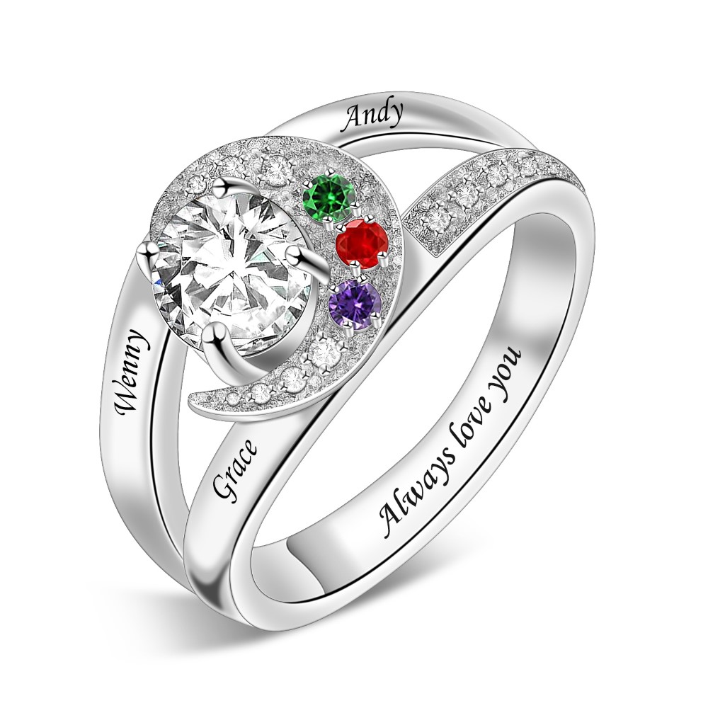 Personalized Bent and Full Moon Ring Collection with 1-8 Birthstones-YITUB