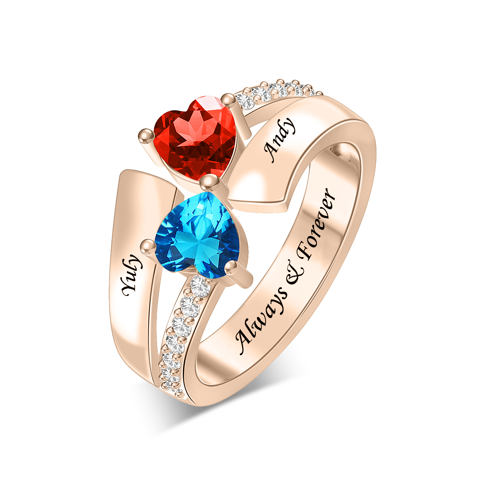 Heart Birthstone Ring Series with Engraving Names and Text-YITUB