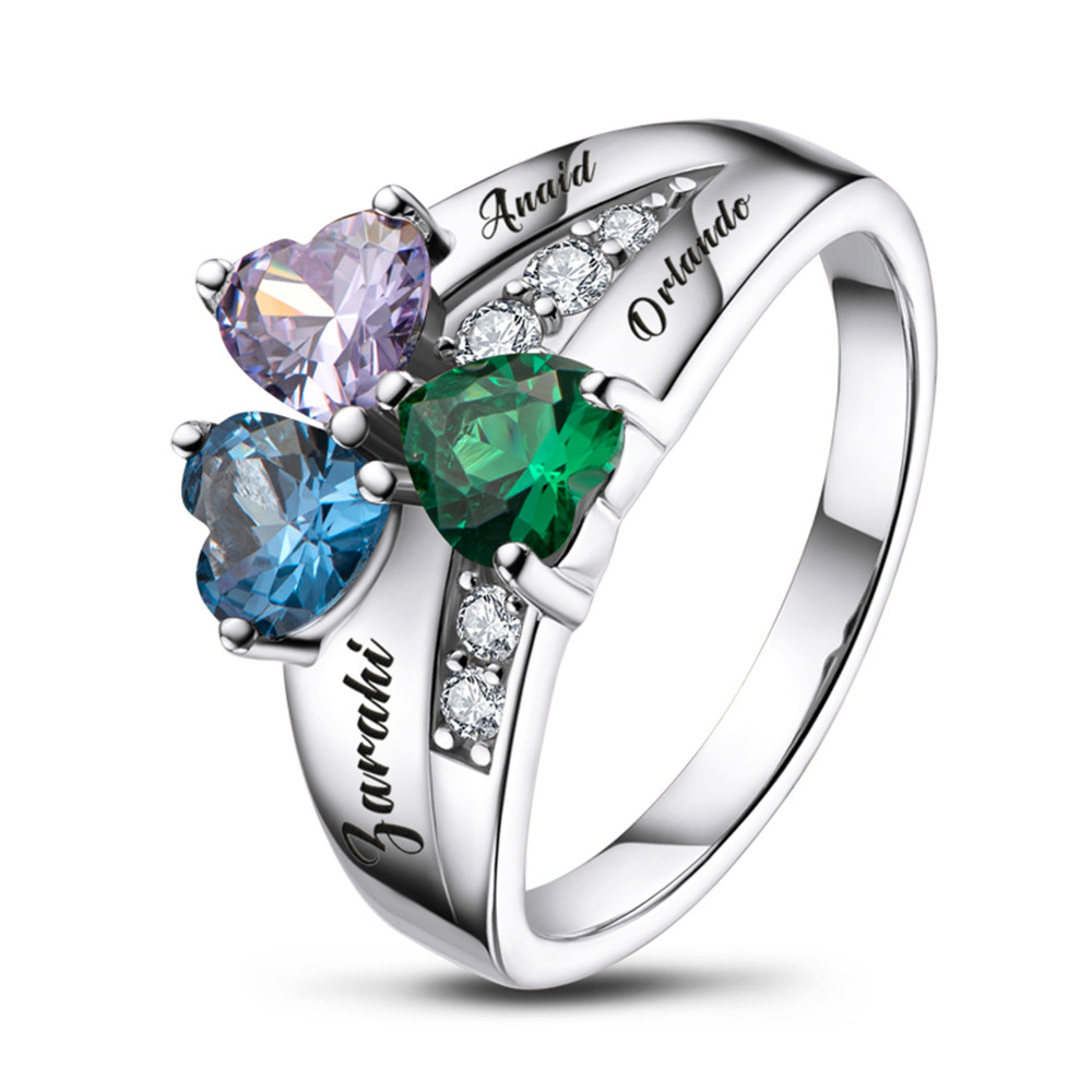 R2-1 Personalized Sterling Silver Rings with 3 Birthstones for Mom