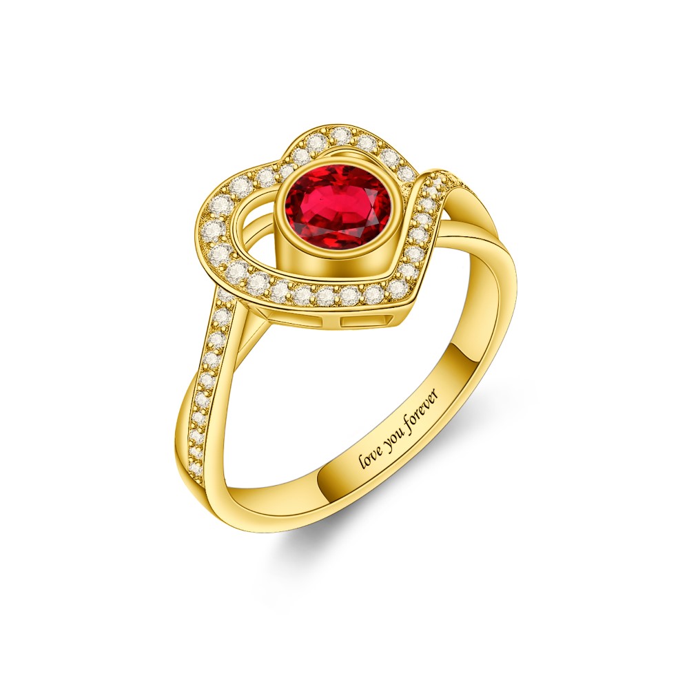 Gold Birthstone Ring Heart Ring with Engraving Gift for Your Love