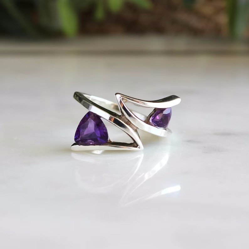 Double Triangle Birthstones Ring for Women-YITUB