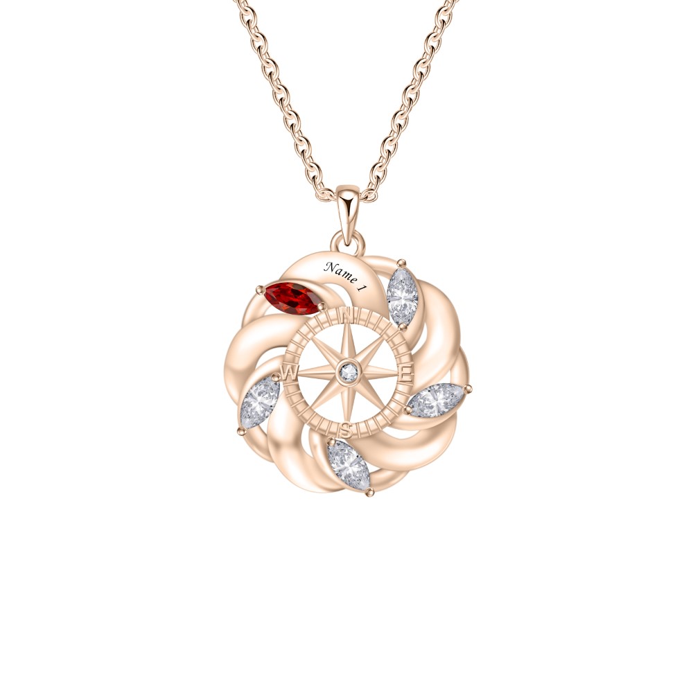 Compass in Flower Birthstone Necklace with Engraved Names-YITUB