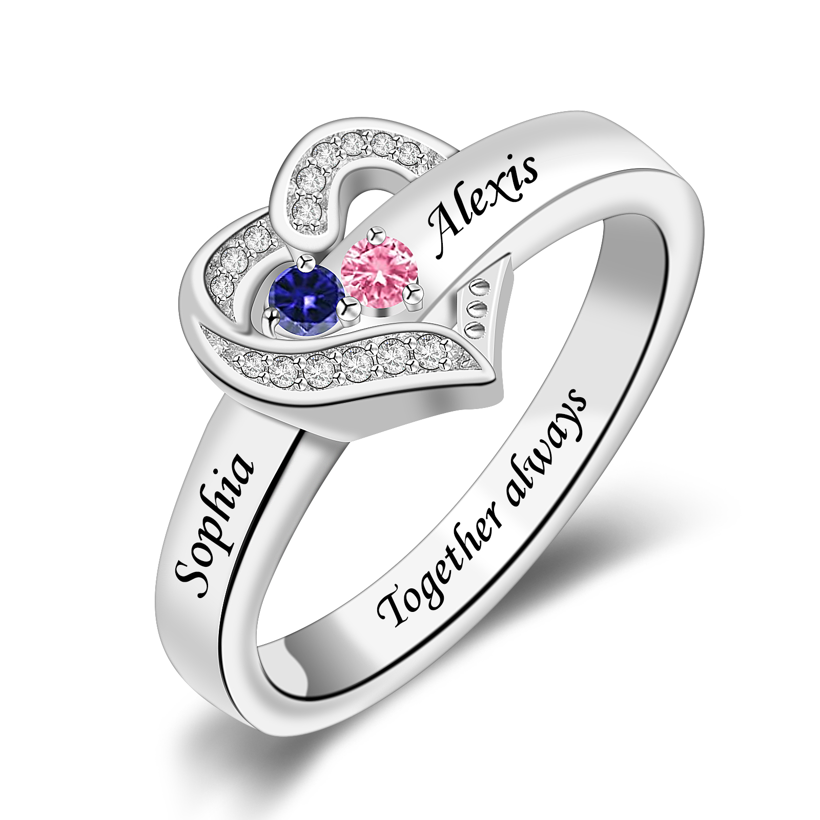 R6-1-2 Heart Mother Ring with Engraved Names and Simulated Birthstone