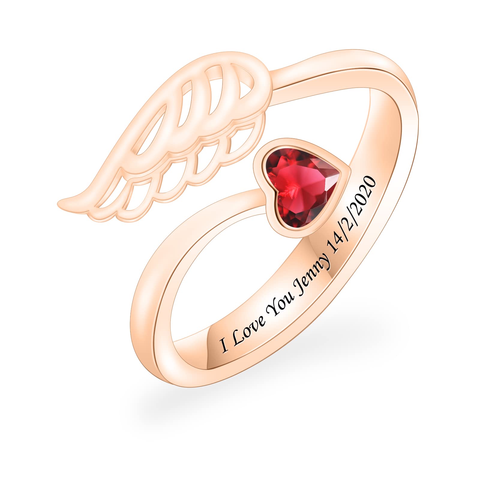 Personalized Angel Wing Birthstone Ring with Free Engraved Content-YITUB