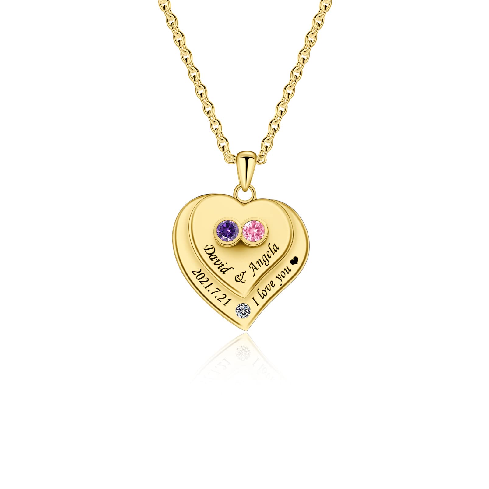 Personalized 2 Heart Couple Name Necklace with 2 Simulation Birthstones-YITUB