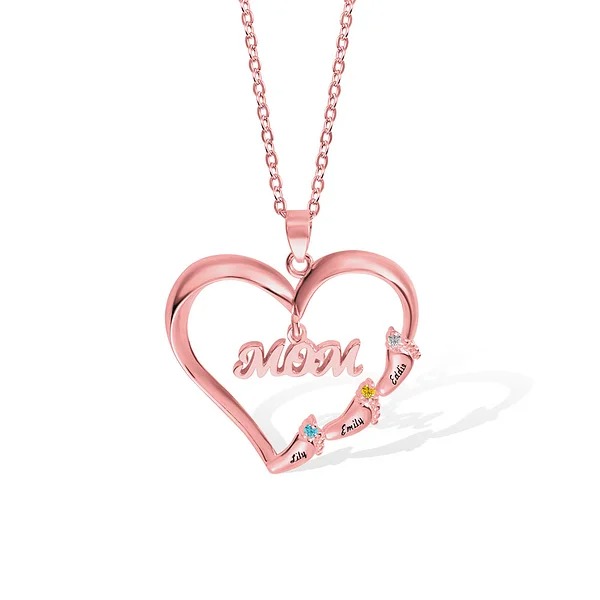 Custom Baby Feet Heart Family Necklace For Mother with 1-8 Names and Birthstones