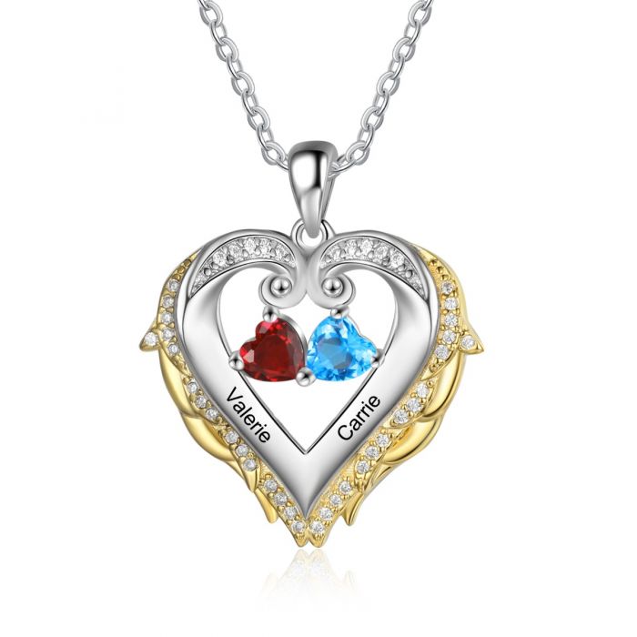 Personalized Heart Pendant Necklace with Birthstones and Name Free Engraved