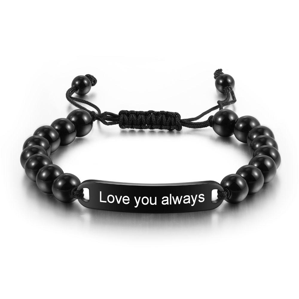Men's Black Beads Bracelet with Engraved Bar-YITUB