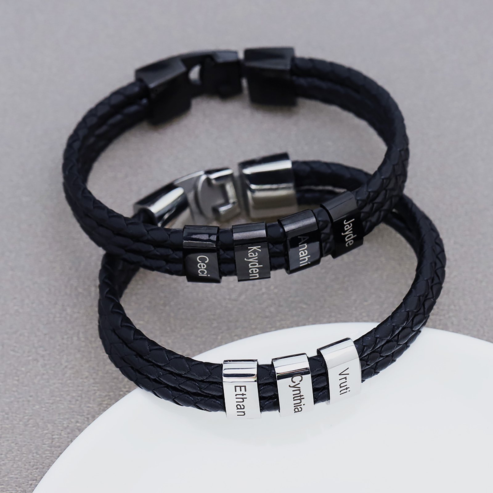 BL3-1 Personalized Braid Leather Bracelets with Custom Engraved Name