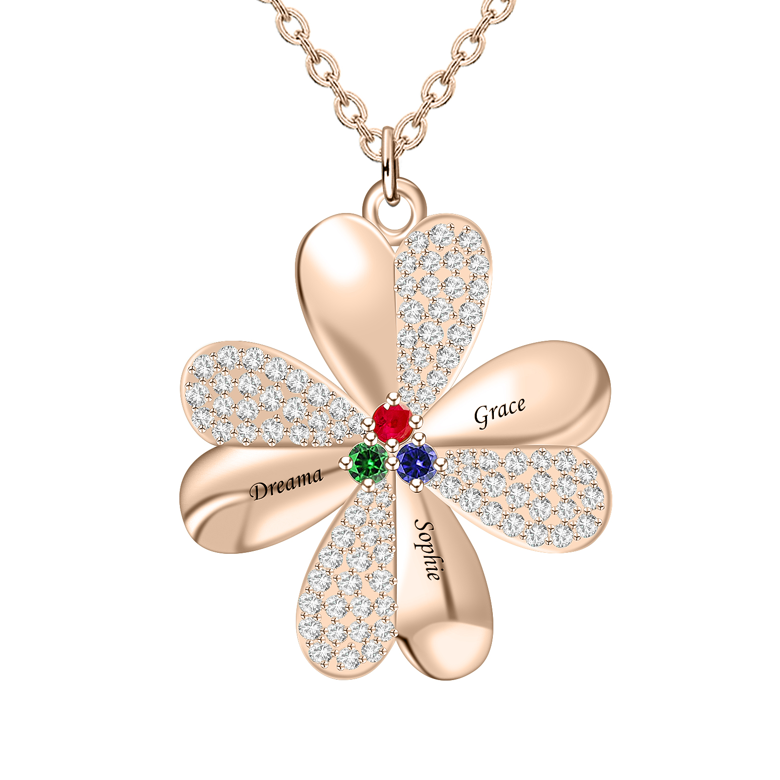Lucky Clover Birthstone Necklace with Engraving Names-YITUB