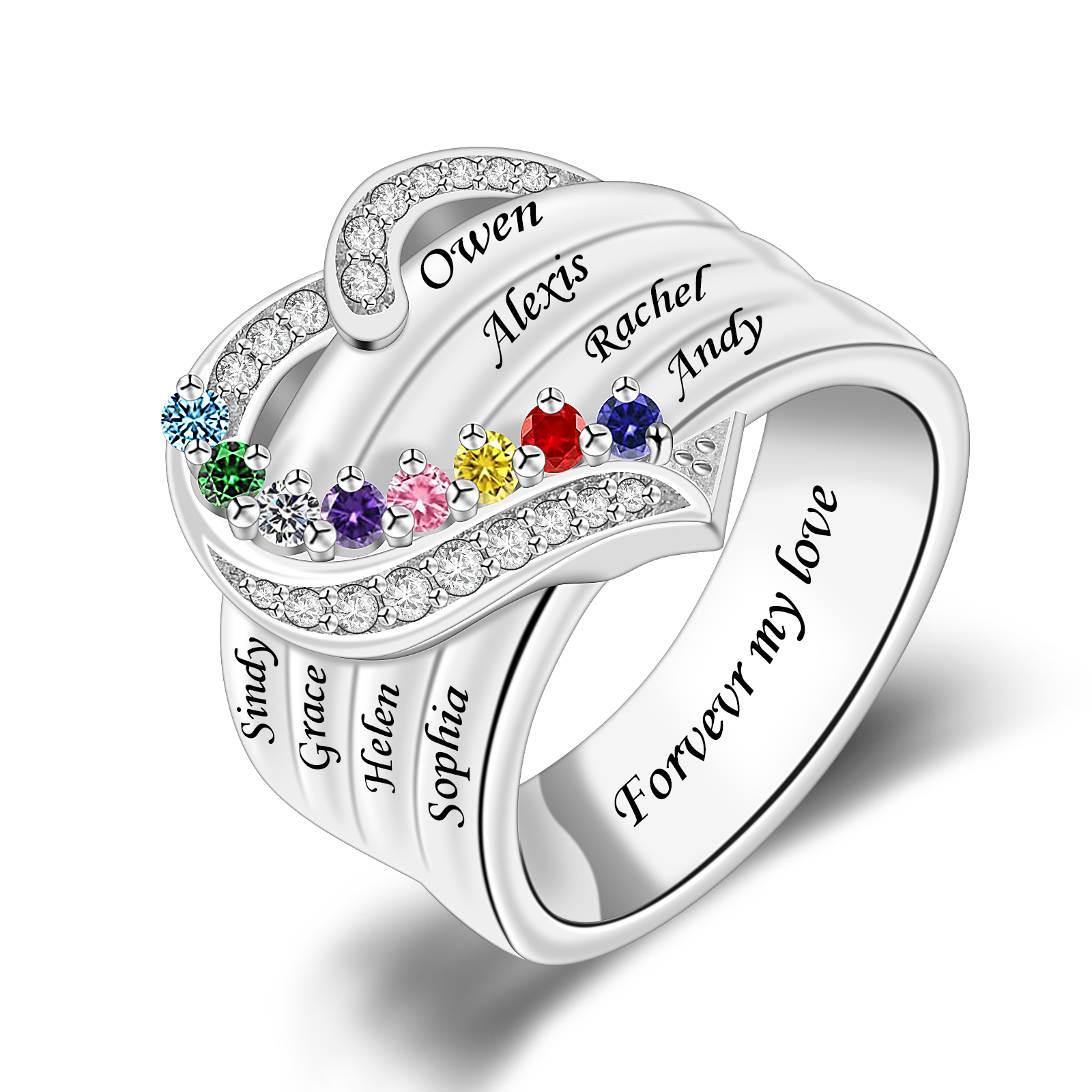 R6-1-8 Heart Mother Ring with Engraved Names and Simulated Birthstone