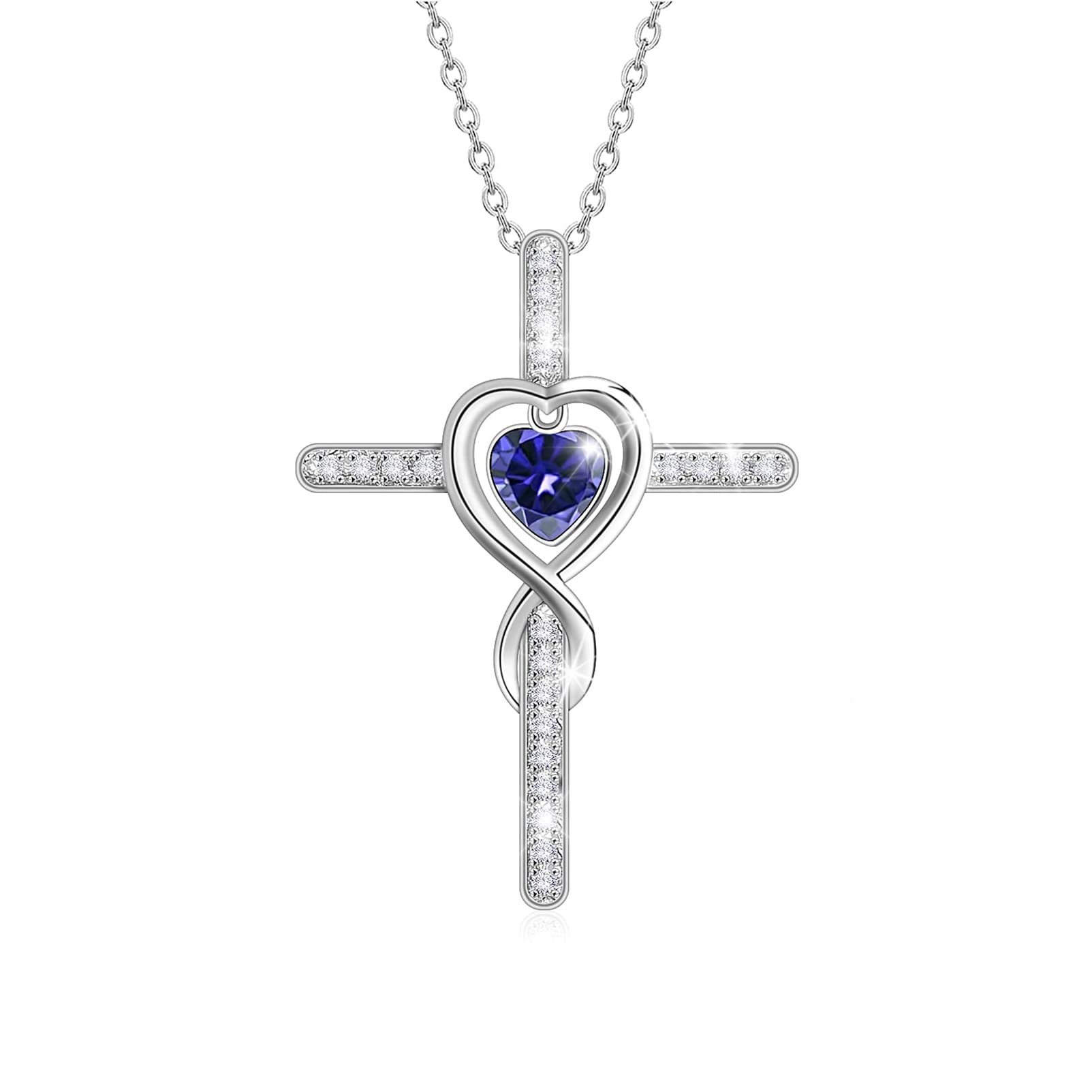 Love Heart Cross Necklace with Heart Birthstone for Mom