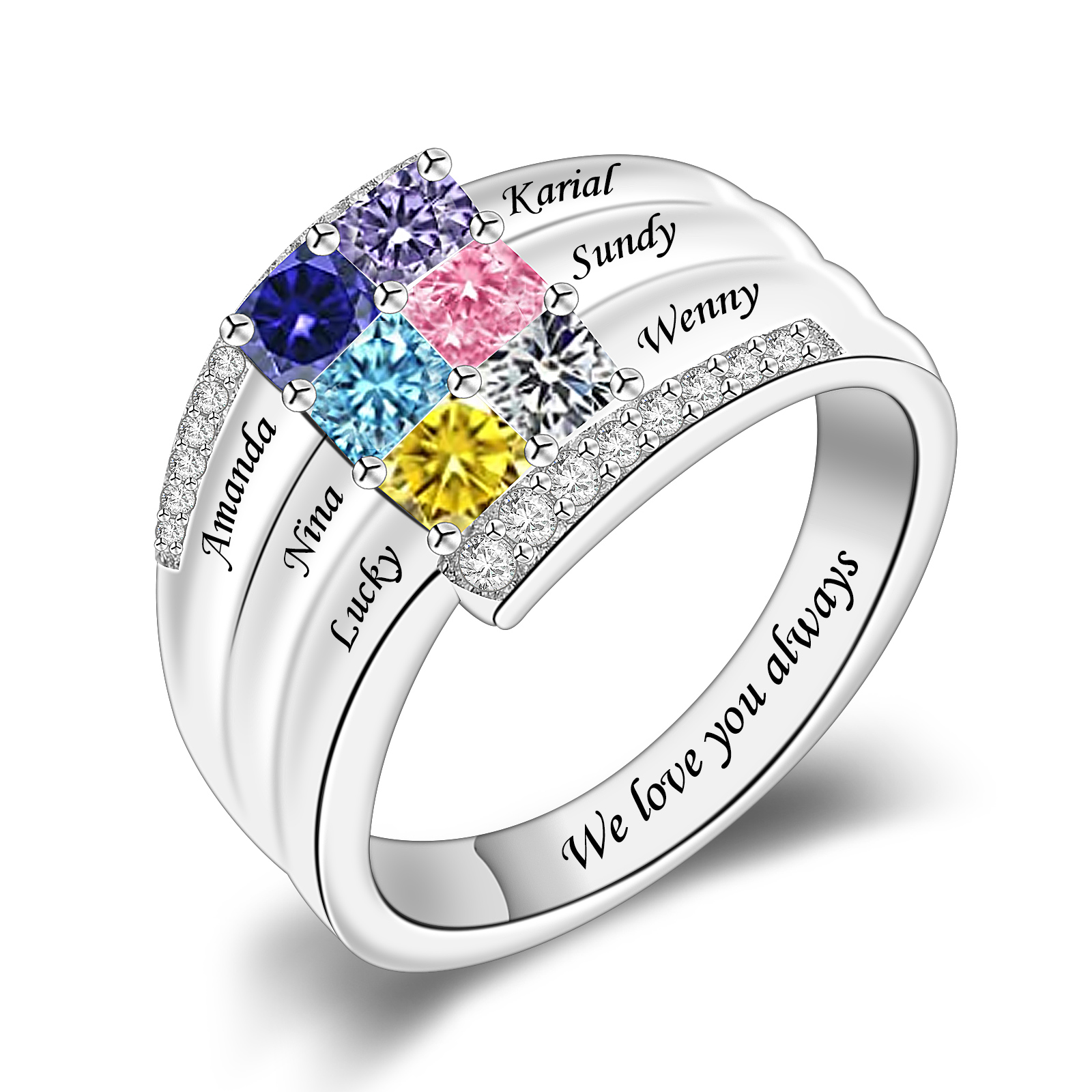 R5-1-6 Personalized Mothers Ring Birthstone and Engraved Name (1-9 Stones)