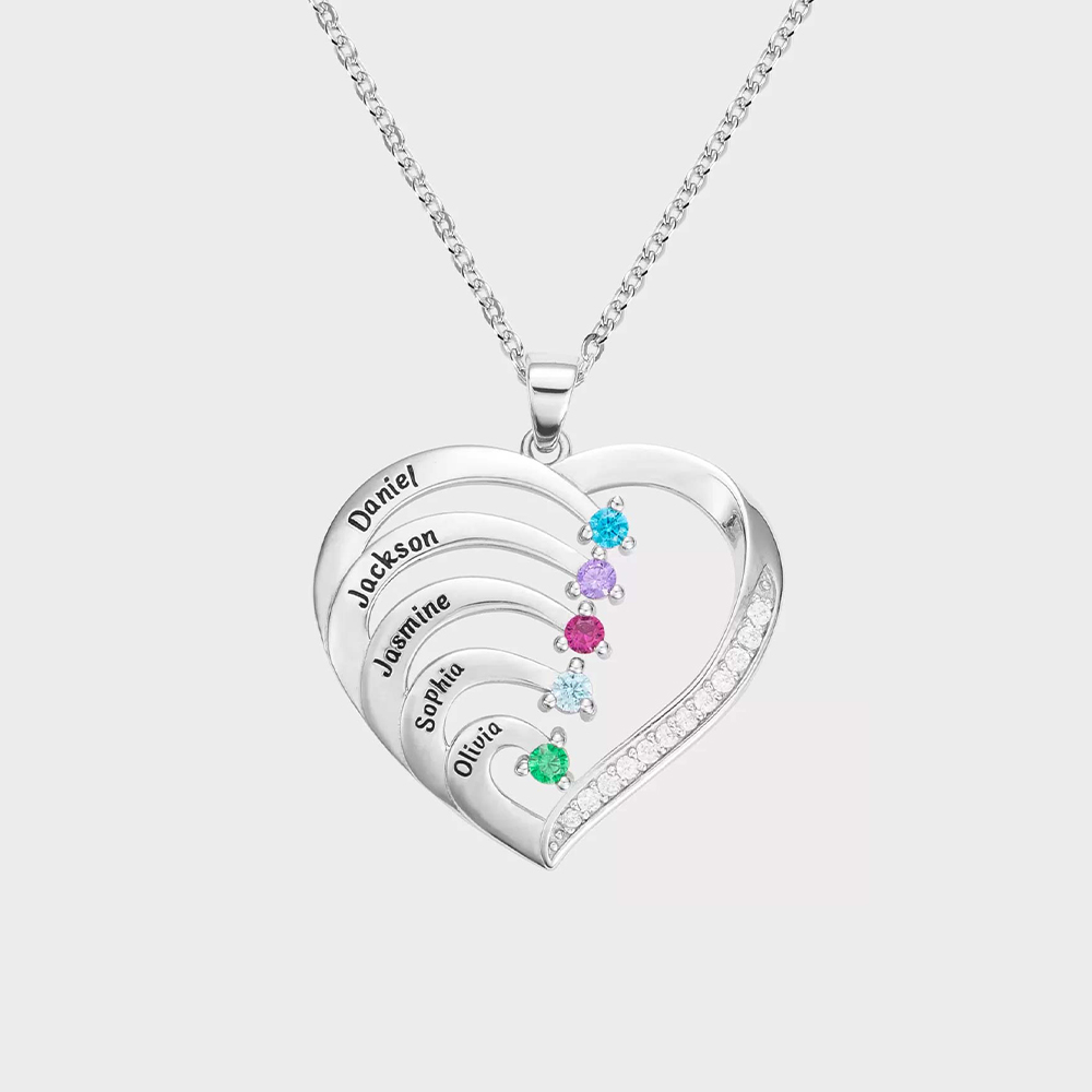 Personalized Love Heart Family Necklace with 1-6 Birthstones-YITUB