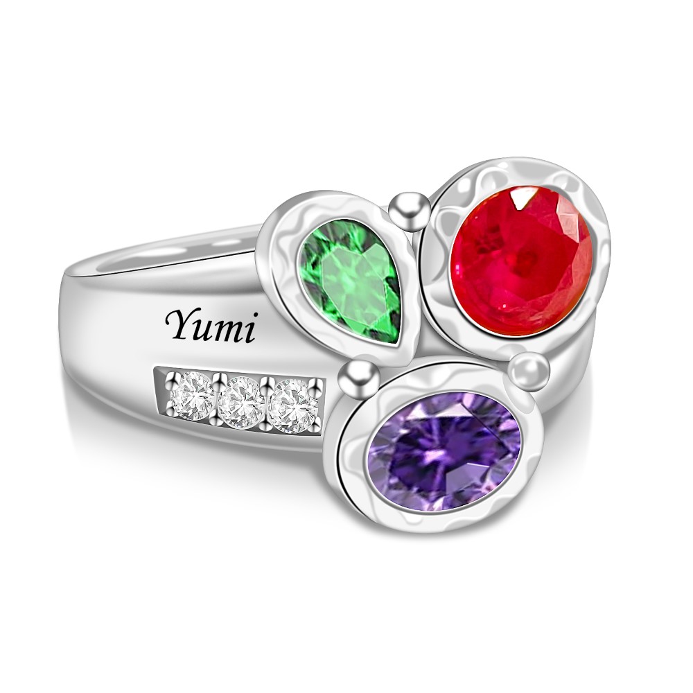 Custom Engraved Ring with Birthstones in Three Shapes-YITUB