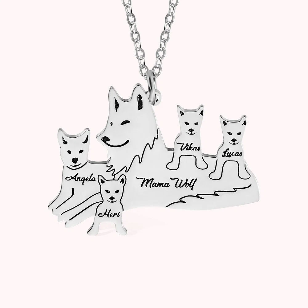 Personalized Mama Wolf Necklace with 1-8 Baby Wolfs for Mother
