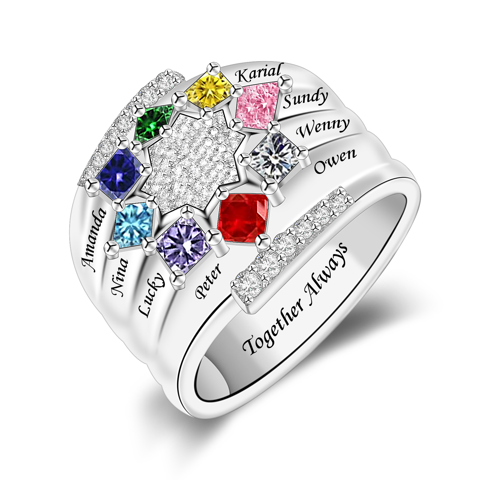 R5-1-8 Personalized Mothers Ring Birthstone and Engraved Name (1-9 Stones)