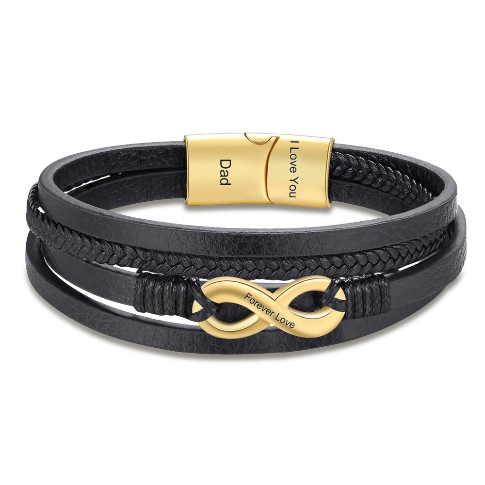 Personalized Leather Bracelet for Men with Infinity Charm