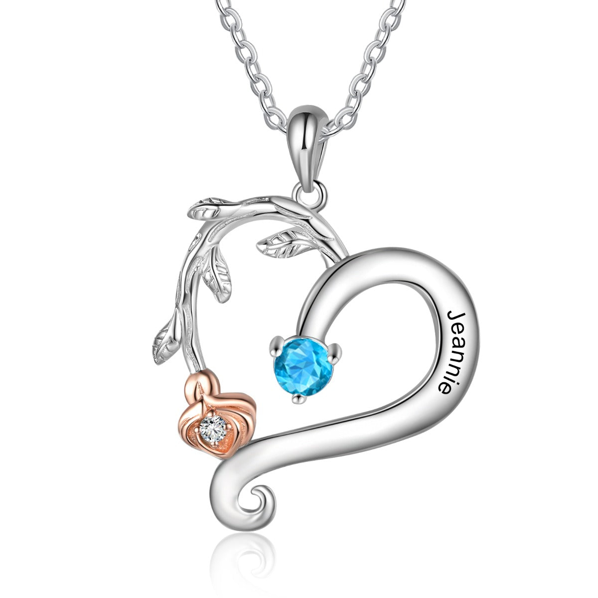 Engraved Rose Flower Heart Pendant Necklace with Birthstones