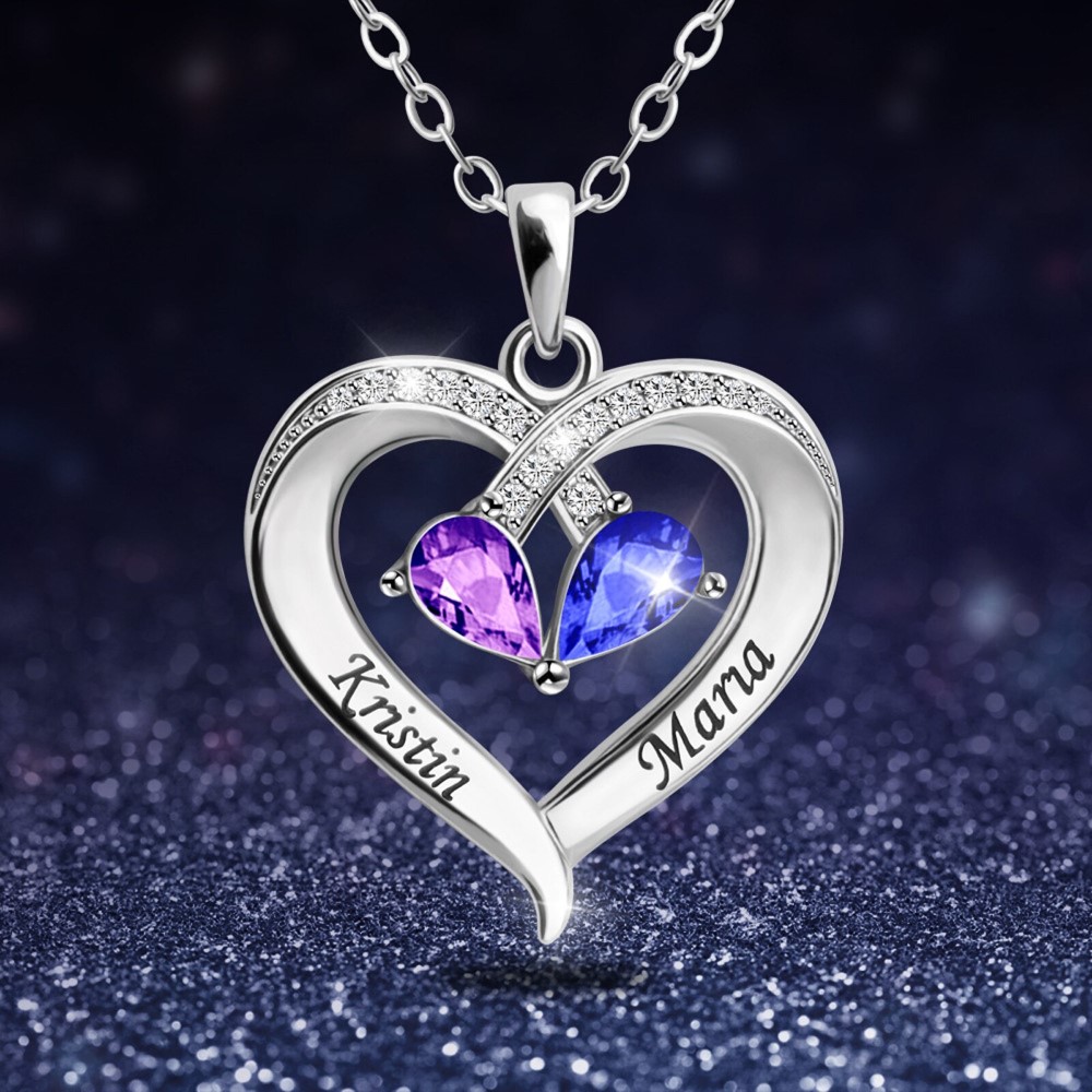  Heart Necklace with Double Birthstones for Couples-YITUB
