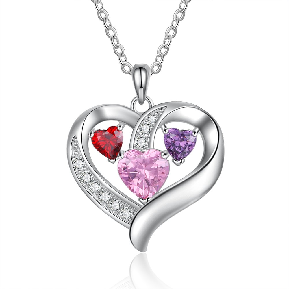 Personalized Heart Necklace With 3 Birthstones and Engraved Names -YITUB