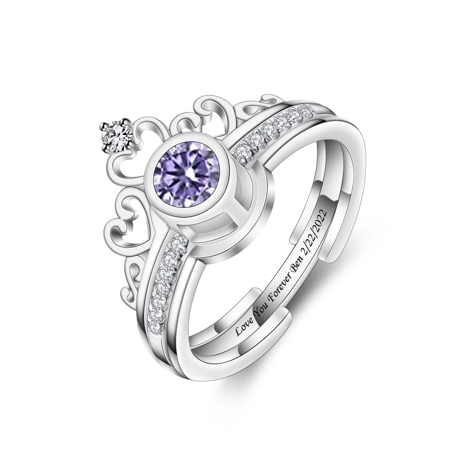 Personalized Crown Birthstone Ring with Engraved Text-YITUB