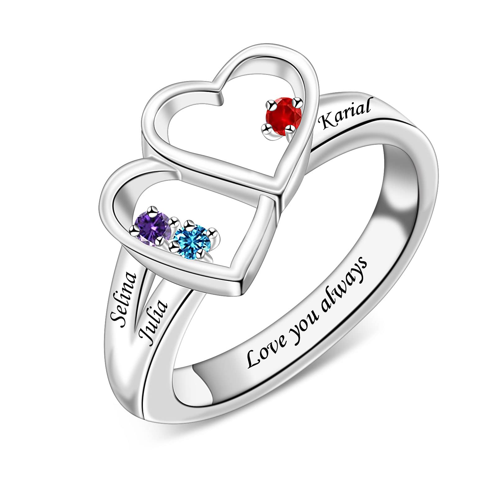Personalized Double Heart Birthstone Ring Series for Mom-YITUB
