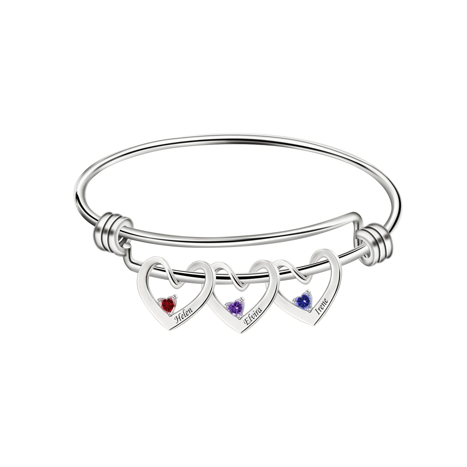 Personalized Adjustable Mother‘s Bracelet with 3 Heart Birthstones 