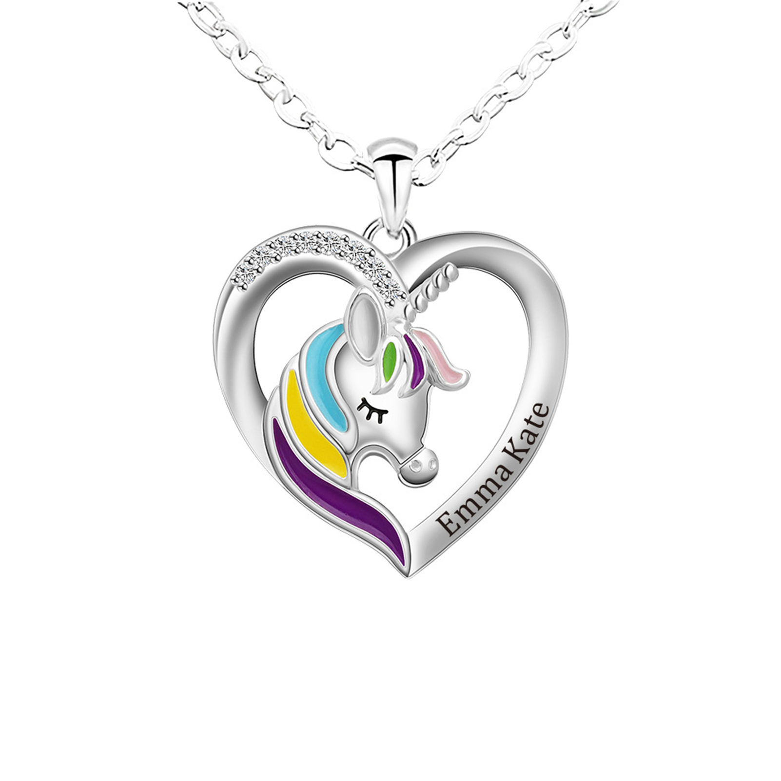 NL1-1 Personalized Unicorn Necklace Engraved Crystal Heart Pendant Necklace