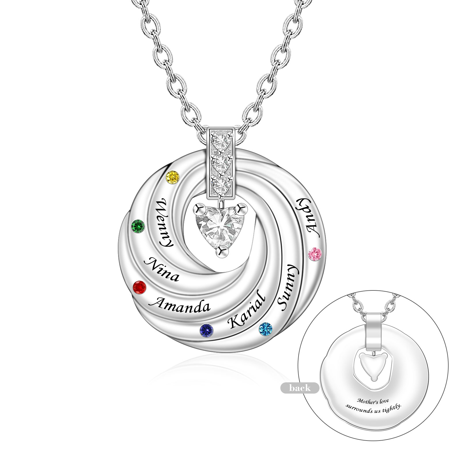 NL13-1 Personalized Family Tree Necklace with Birthstones and Engraved Names