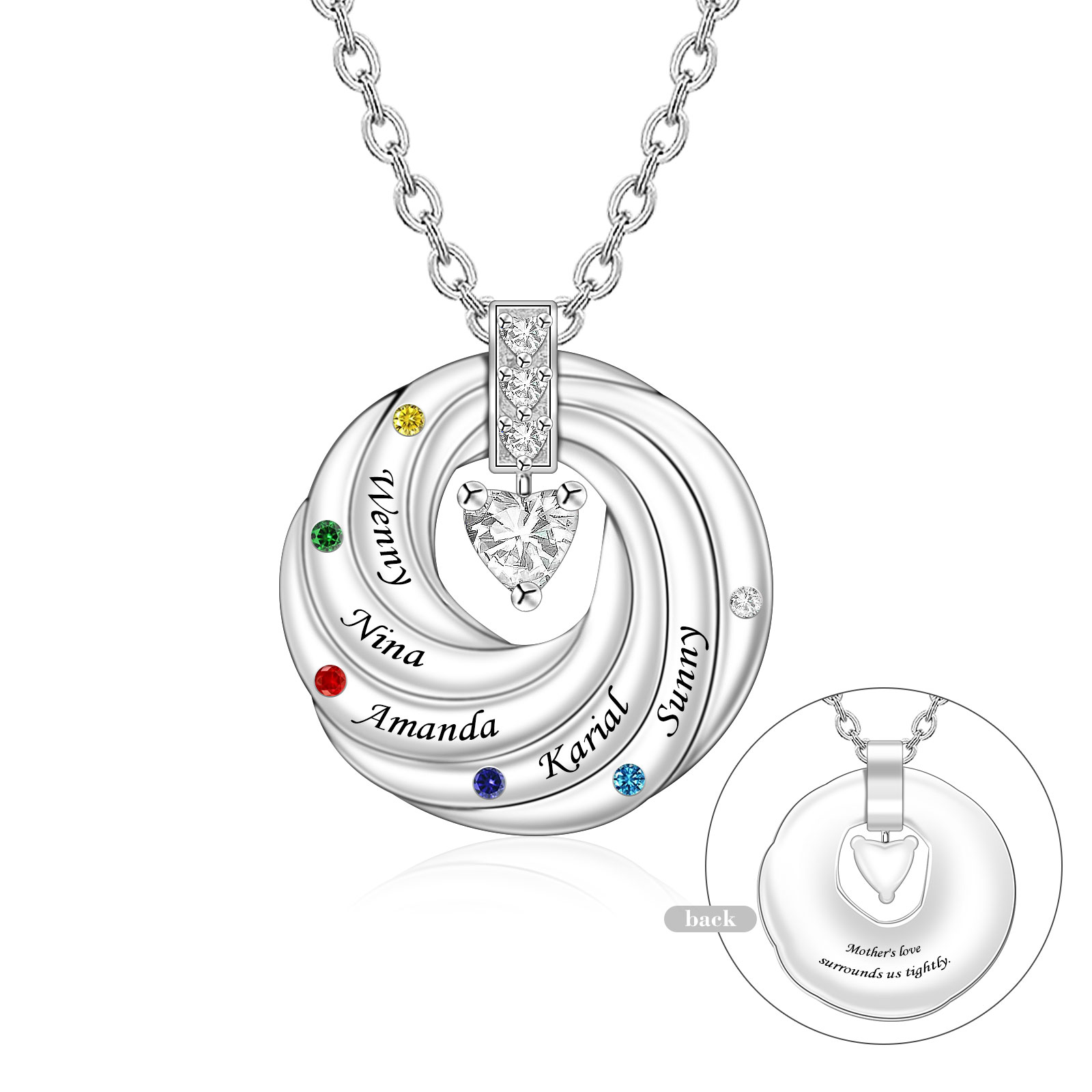 NL13-1-5 Personalized Family Tree Necklace with Birthstones and Engraved Names