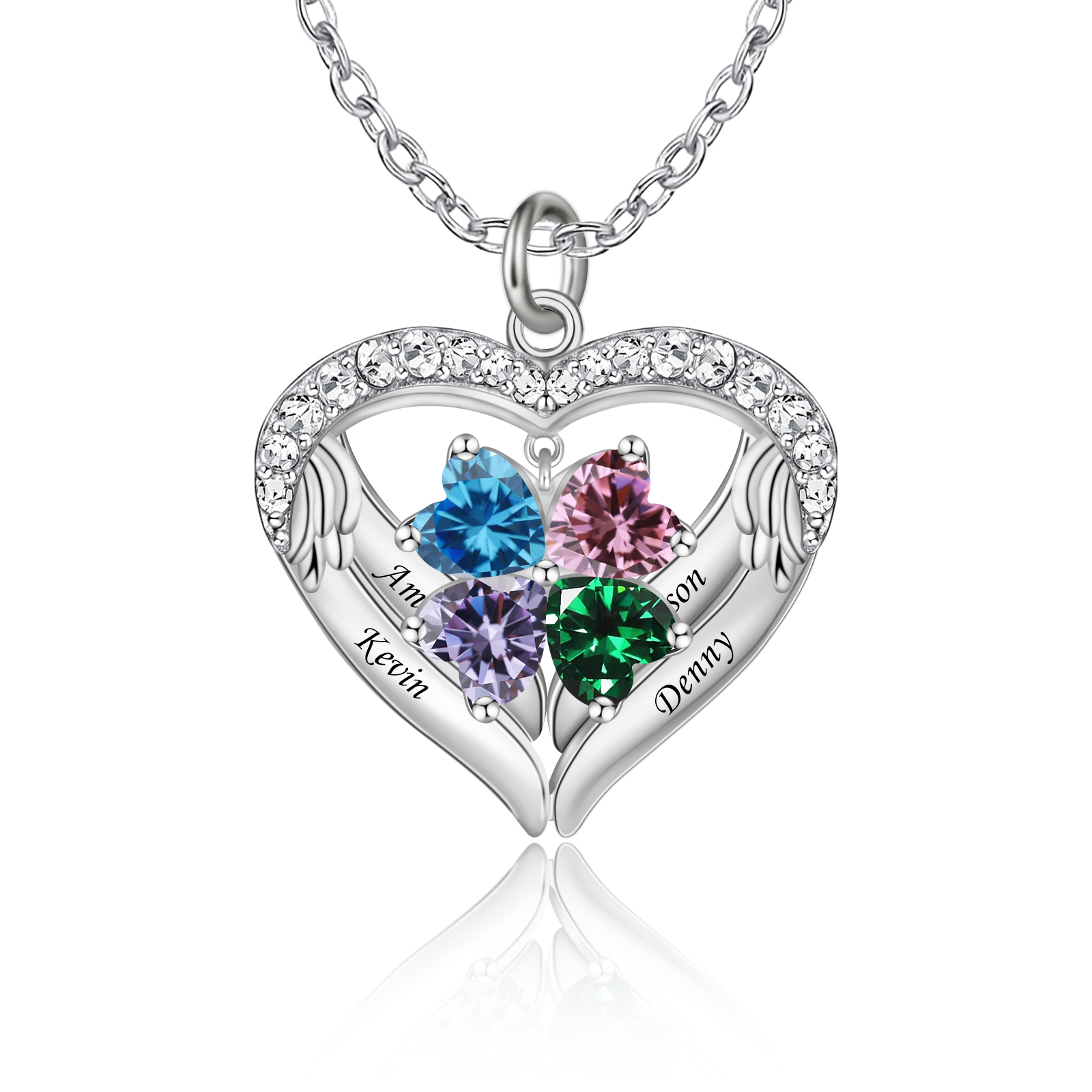 Personalized Heart Pendant Necklace wtin four Birthstones