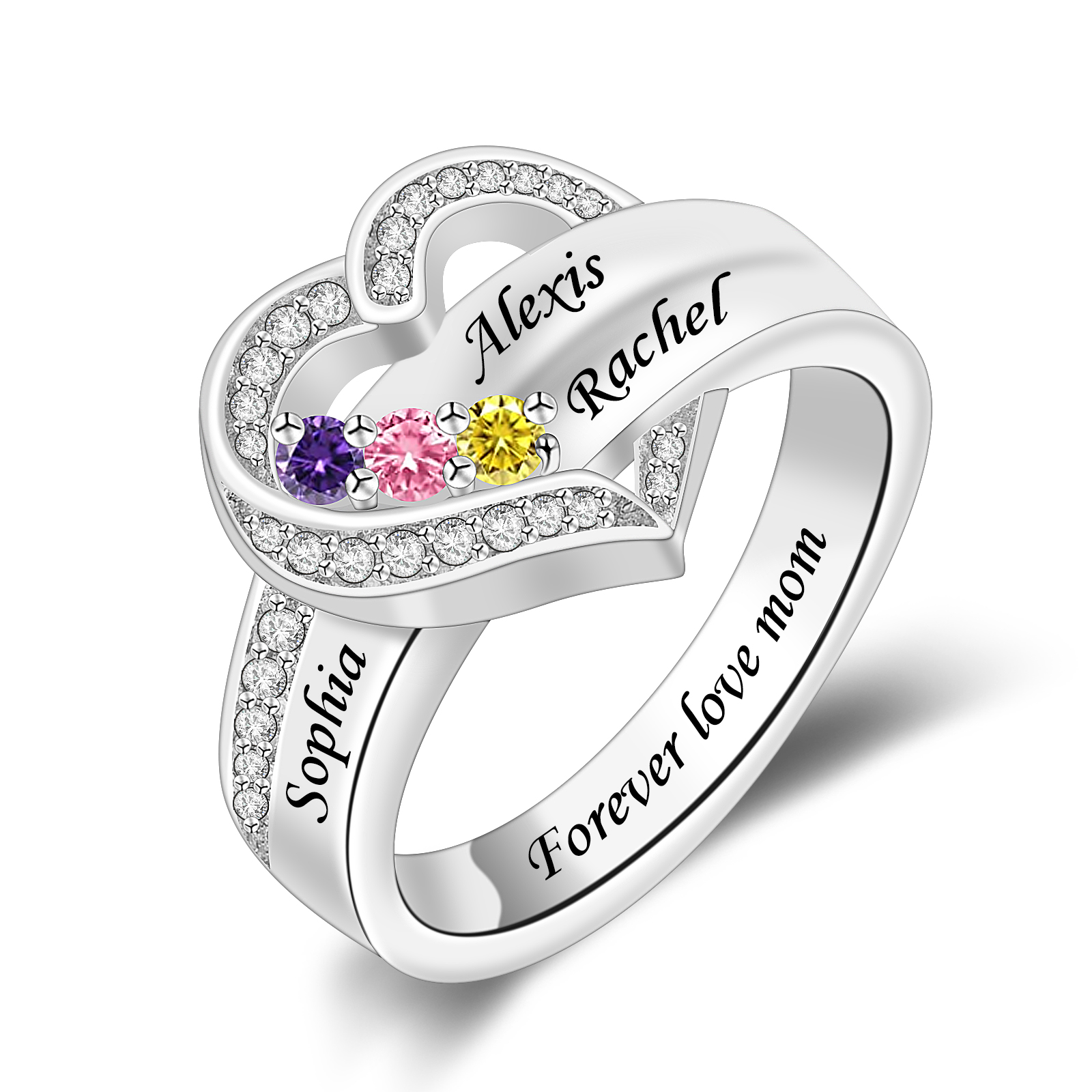 R6-1-3 Heart Mother Ring with Engraved Names and Simulated Birthstone