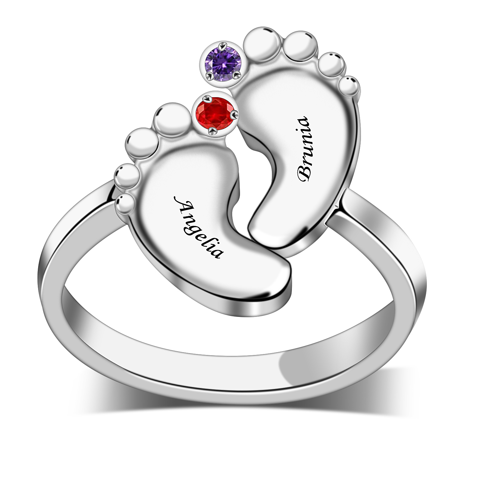 R1-1 Baby Feet Ring with Birthstones and Engraved Custom Name
