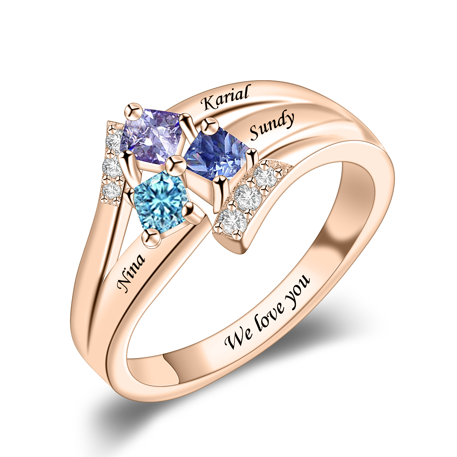 R5-1-3 Personalized Mothers Ring Birthstone and Engraved Name (1-9 Stones)