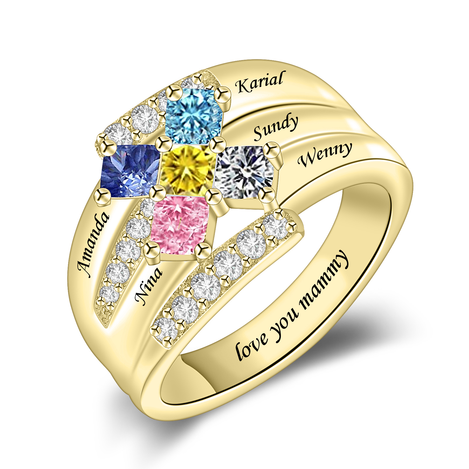 R5-1-5 Personalized Mothers Ring Birthstone and Engraved Name (1-9 Stones)