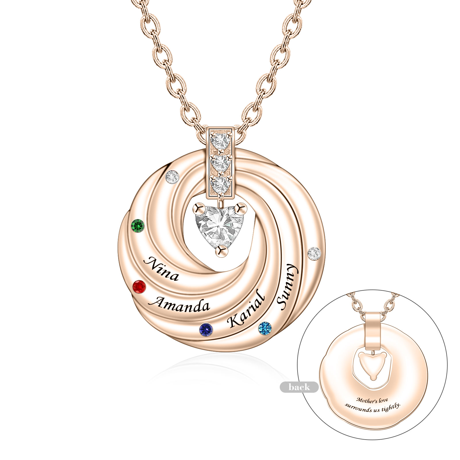 NL13-1-4 Personalized Family Tree Necklace with Birthstones and Engraved Names
